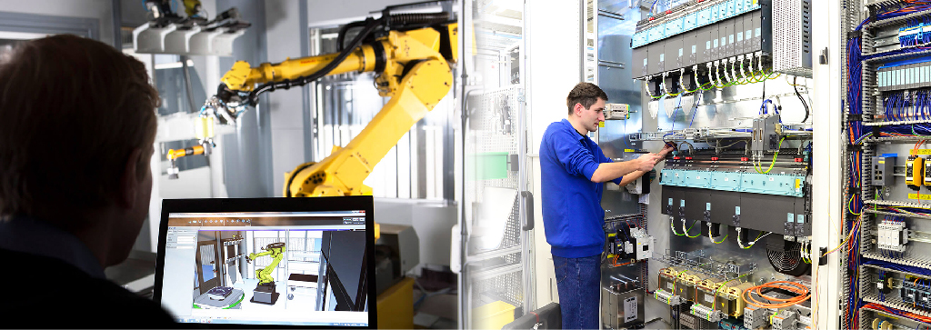 Immagine con persone alle prese con quadri e robot 